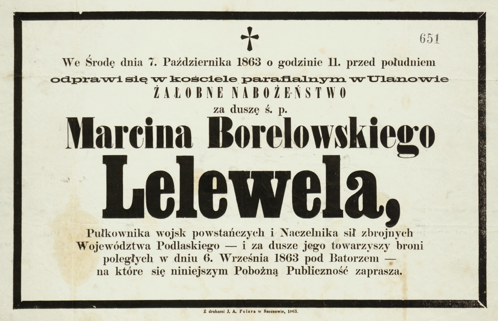 Nekrolog Marcina Borelowskiego z 1863 roku.